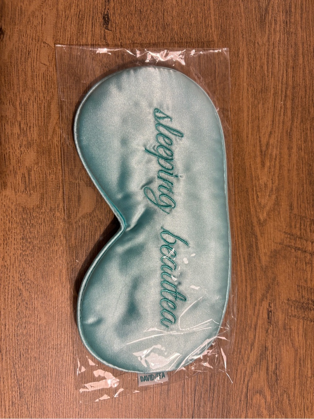 Teal Satin Sleep Mask - "sleeping beautiful" Embroidered